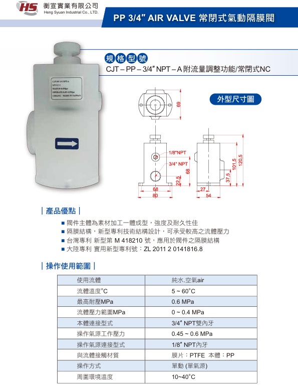 PP 3/4″ AIR VALVE 常閉式氣動隔膜閥