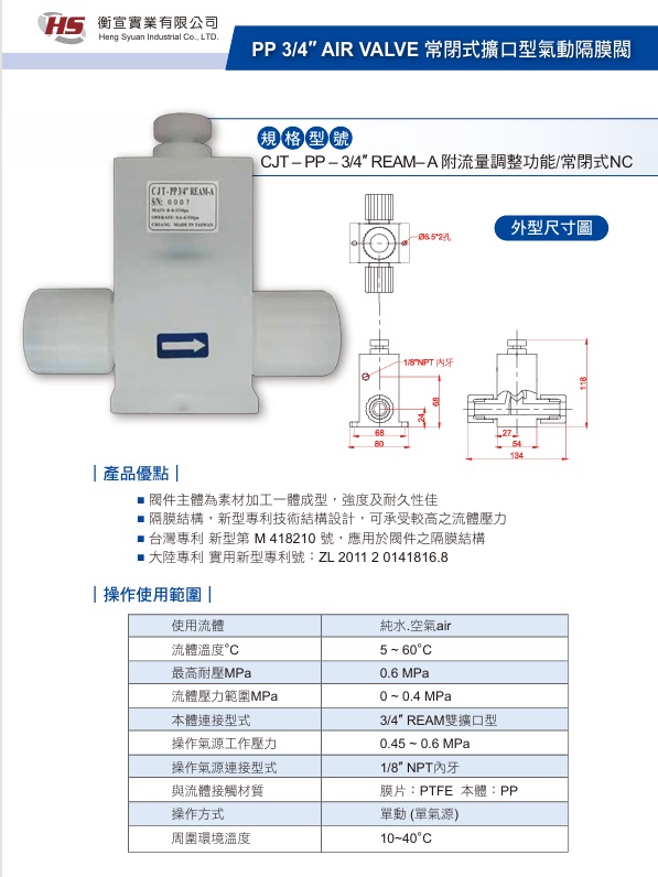  PP 3/4″ AIR VALVE 常閉式擴口型氣動隔膜閥